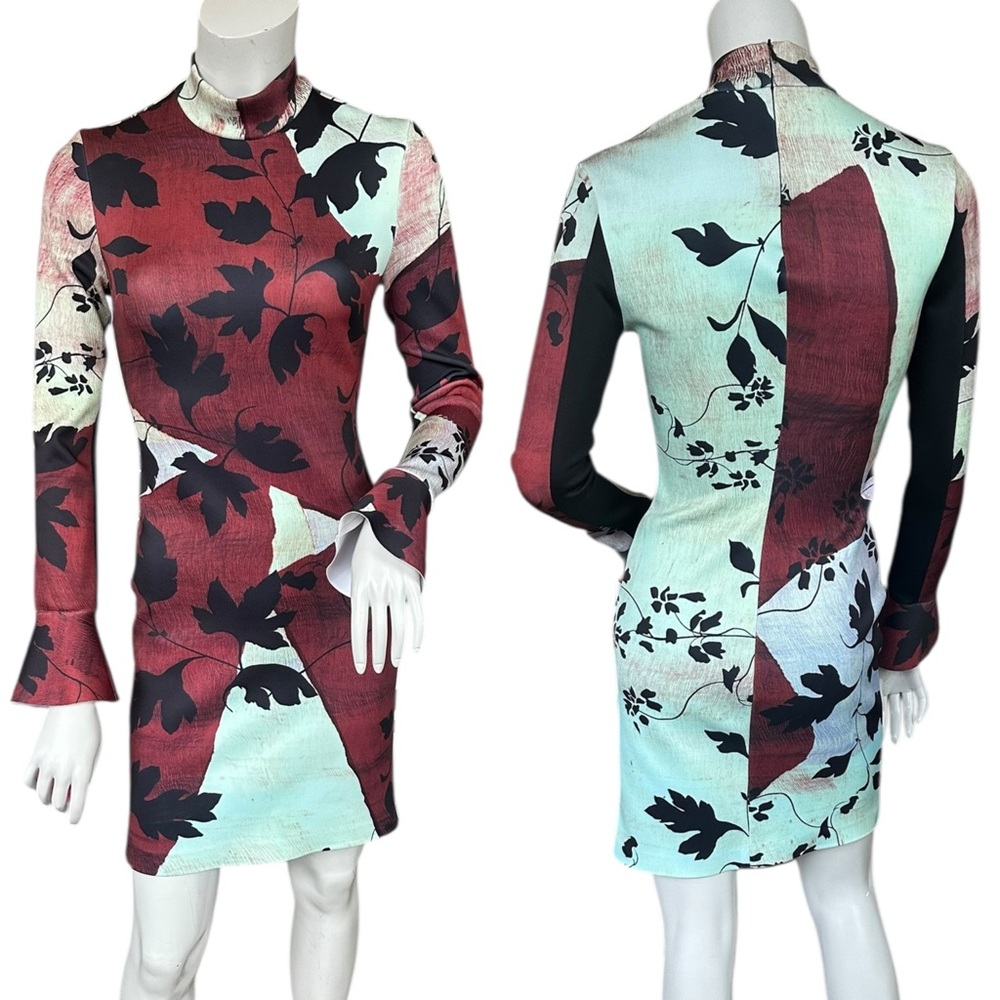 Clover Canyon Green Red Black Leaf Nature Mockneck Long Flare Sleeve Dress XS
